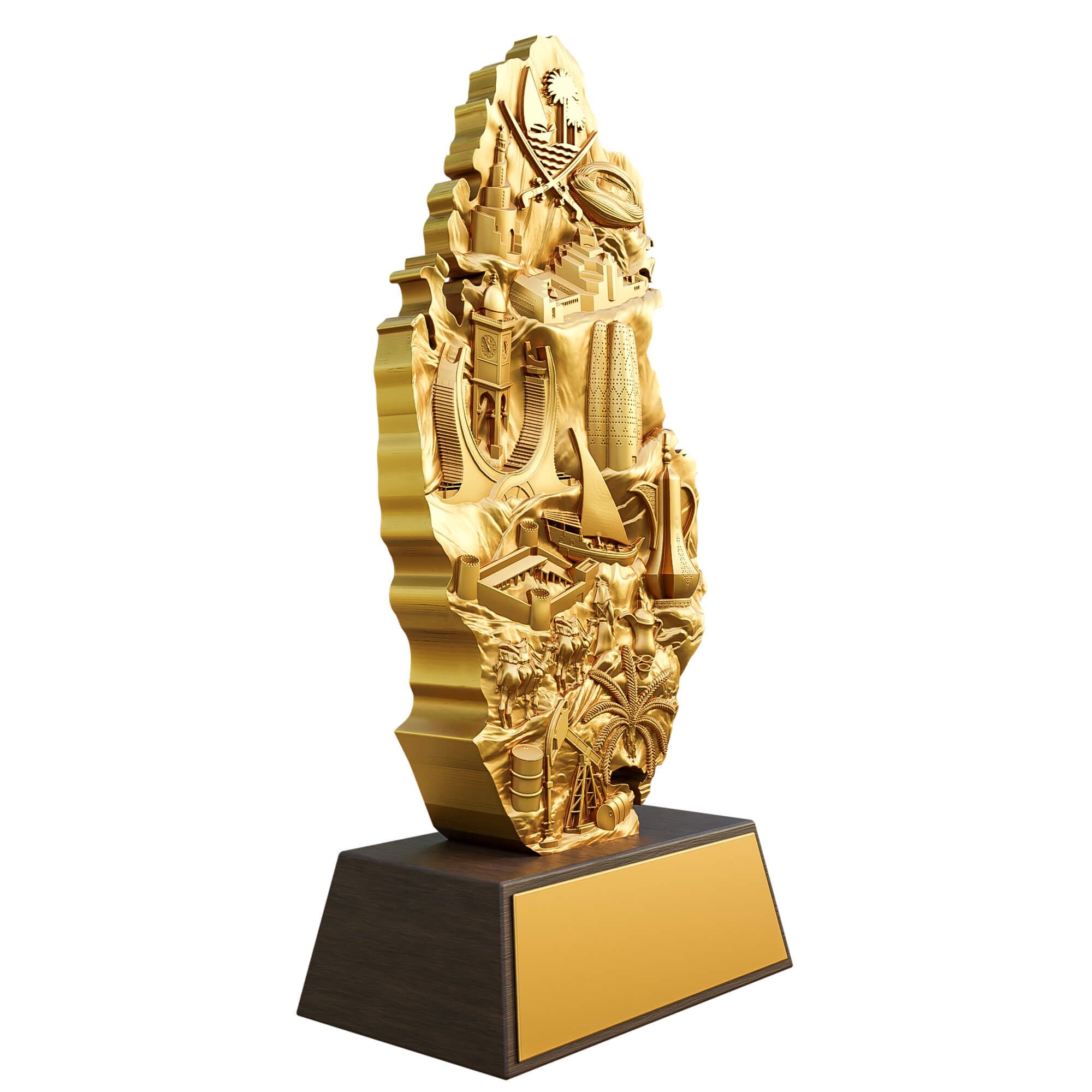 Qatar map sculpture in gold with 3D bas-relief landmarks like Al Zubarah Fort, Katara Towers, and Museum of Islamic Art.