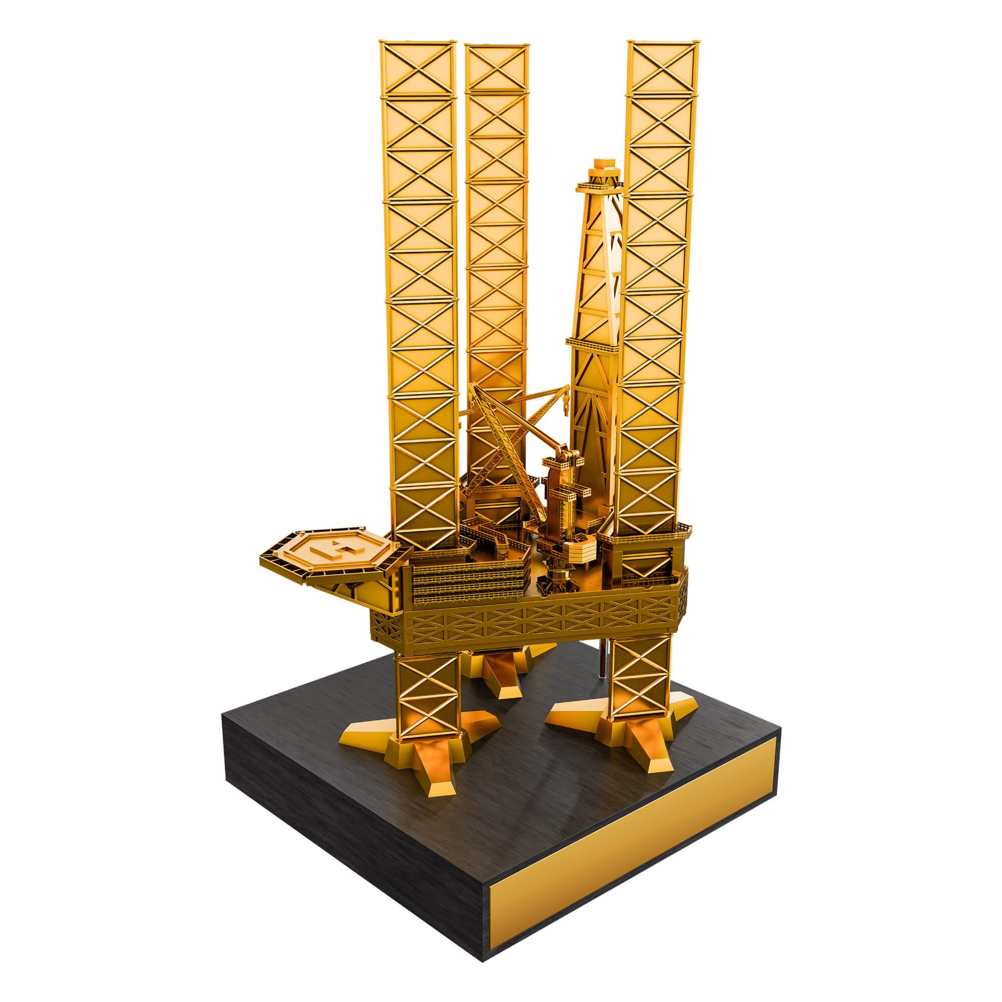 3D resin jack-up rig model in gold finish with wood-effect base and customizable metal plate